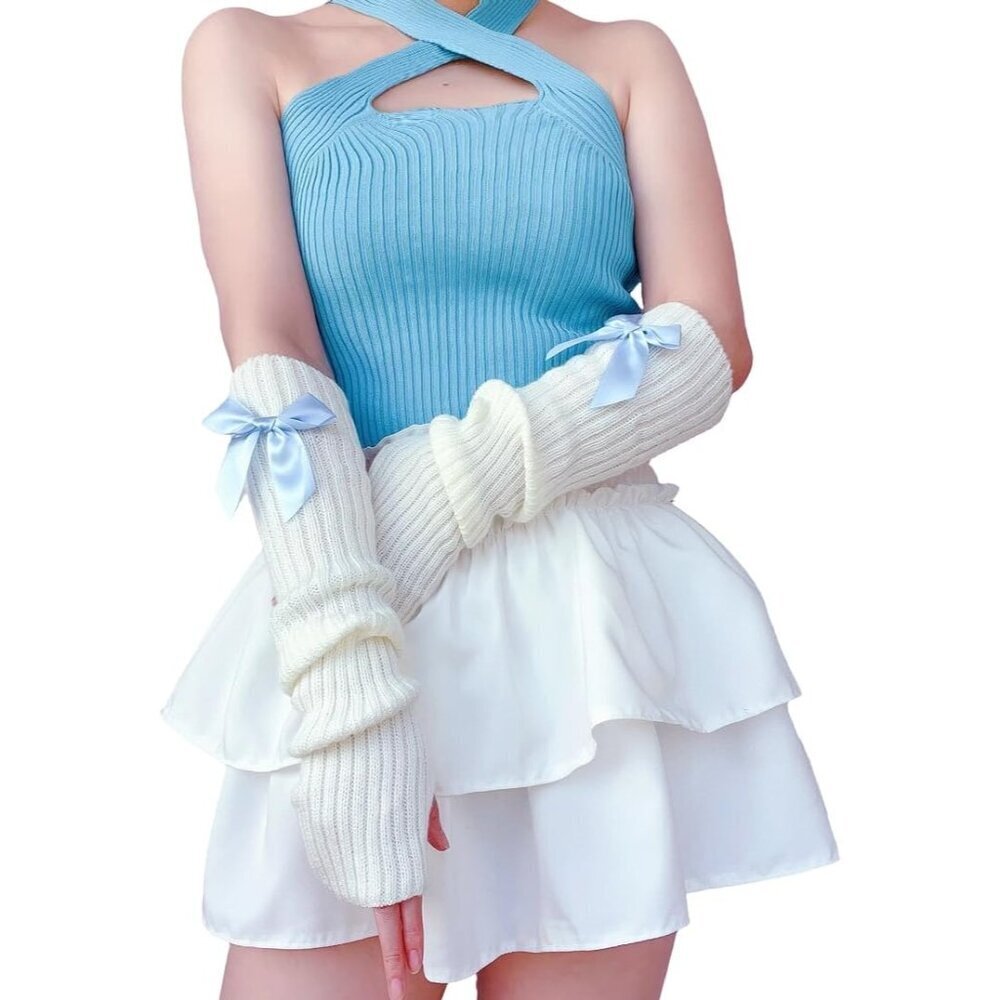 Women Y2K Arm Warmers Gloves Kawaii Harajuku Knit Fingerless Cozy Warm